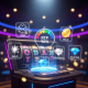 A futuristic online slot machine interface surrounded by glowing holographic icons representing key slot terms like RNG, RTP, Wild, and Scatter, illustrating an online slots glossary.