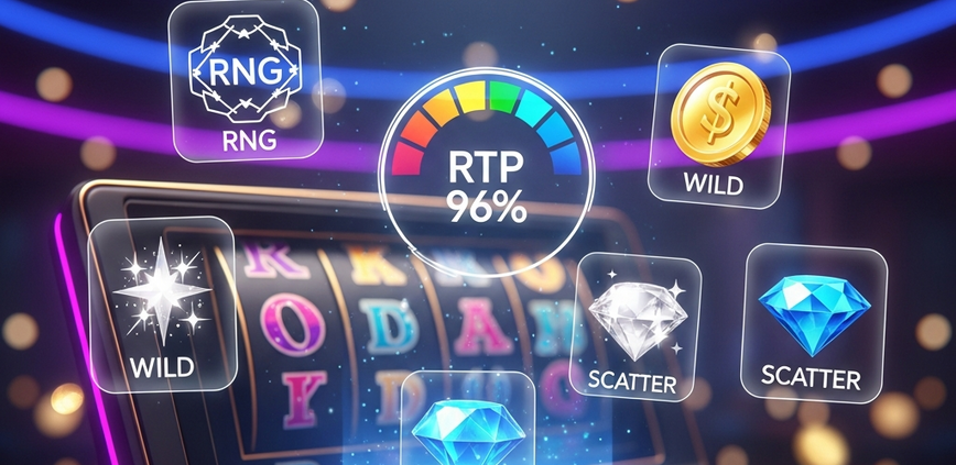 A futuristic online slot machine interface surrounded by glowing holographic icons representing key slot terms like RNG, RTP, Wild, and Scatter, illustrating an online slots glossary.