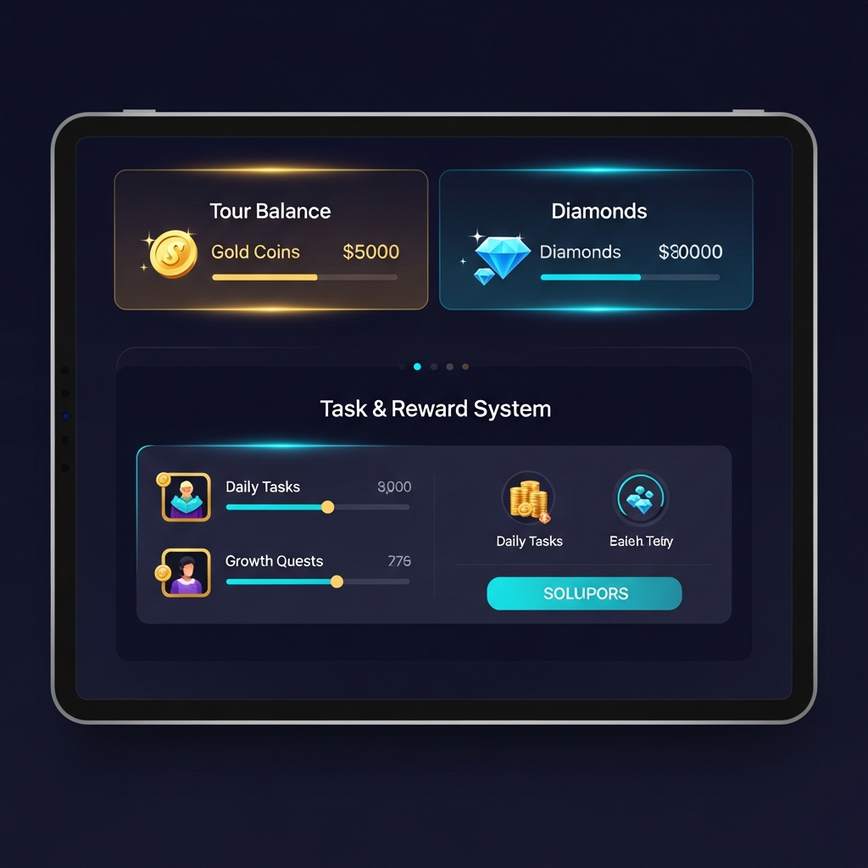 To illustrate the platform's unique dual-currency and gamified reward systems, showing Gold Coins, Diamonds, and the task interface.