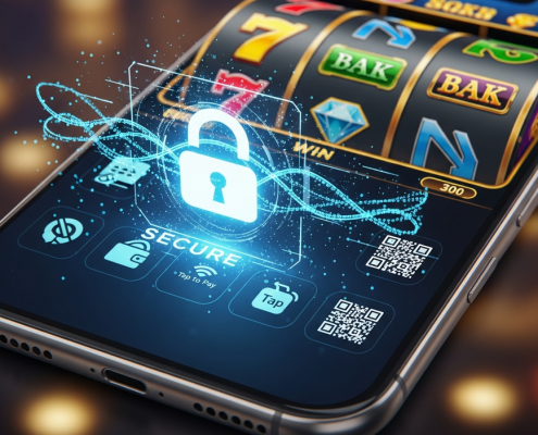 Vibrant online slot machine game interface displayed on a modern smartphone, featuring abstract security padlock and generic e-wallet payment icons, symbolizing secure digital transactions for online casino gaming.