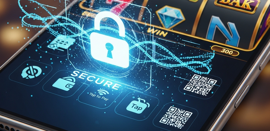 Vibrant online slot machine game interface displayed on a modern smartphone, featuring abstract security padlock and generic e-wallet payment icons, symbolizing secure digital transactions for online casino gaming.