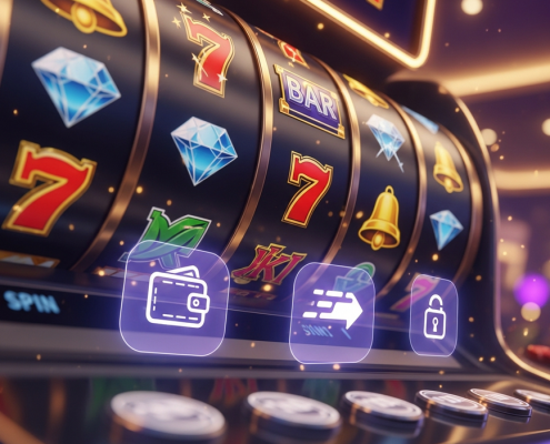 Dynamic online slot machine interface with spinning reels and glowing eWallet payment icons, representing fast and secure transactions for Malaysian players.