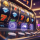 Dynamic online slot machine interface with spinning reels and glowing eWallet payment icons, representing fast and secure transactions for Malaysian players.