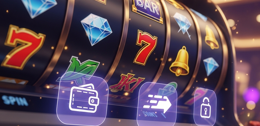 Dynamic online slot machine interface with spinning reels and glowing eWallet payment icons, representing fast and secure transactions for Malaysian players.