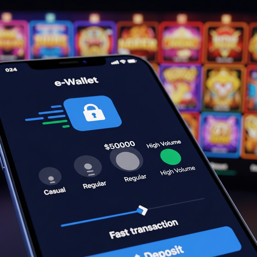 Illustrates the convenience and security of eWallet transactions for different slot gaming styles (casual, regular, high-volume) on a mobile device.
