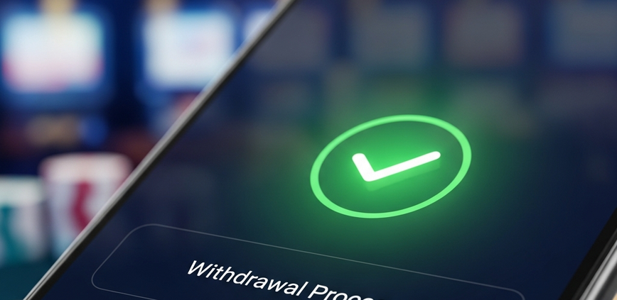 A smartphone screen showing a successful withdrawal confirmation from an online casino app, set against a luxurious, abstract background reinforcing security and speed.