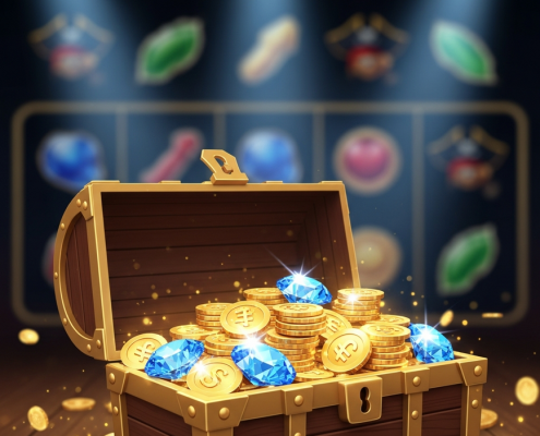 An open pirate treasure chest filled with gold coins and blue diamonds, representing the Pirate777 first deposit bonus for the Malaysian online casino.