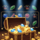 An open pirate treasure chest filled with gold coins and blue diamonds, representing the Pirate777 first deposit bonus for the Malaysian online casino.