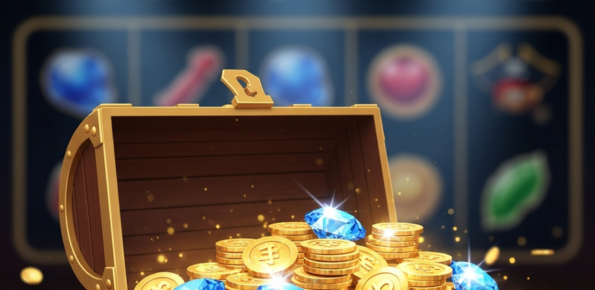 An open pirate treasure chest filled with gold coins and blue diamonds, representing the Pirate777 first deposit bonus for the Malaysian online casino.