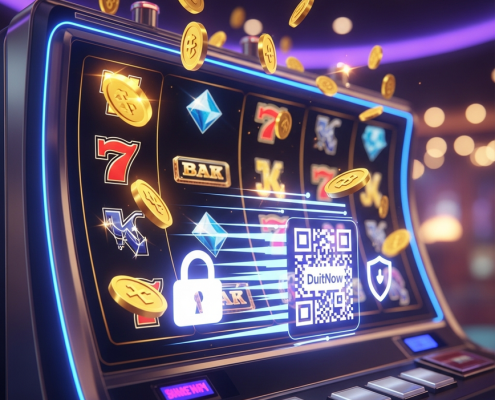 Dynamic image showing a vibrant online slot machine interface with winning animations and abstract digital representations of DuitNow QR and DuitNow Transfer icons, symbolizing fast and secure withdrawals in a premium online casino setting.
