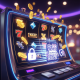 Dynamic image showing a vibrant online slot machine interface with winning animations and abstract digital representations of DuitNow QR and DuitNow Transfer icons, symbolizing fast and secure withdrawals in a premium online casino setting.