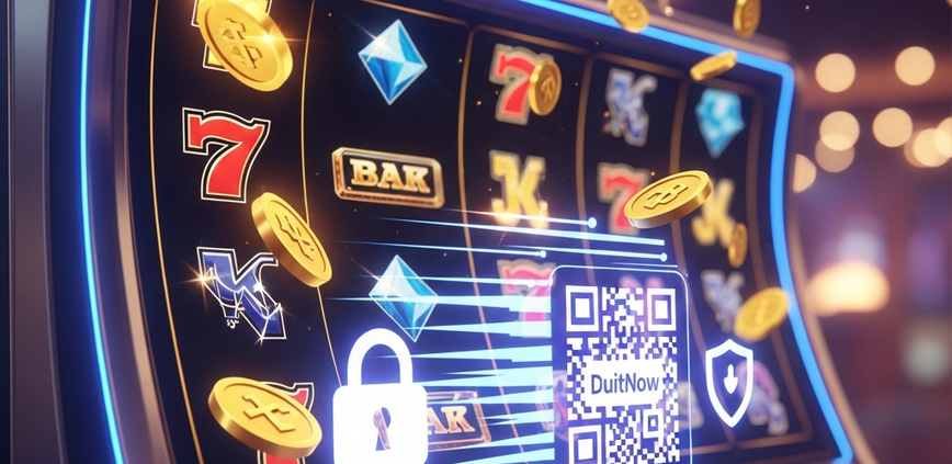 Dynamic image showing a vibrant online slot machine interface with winning animations and abstract digital representations of DuitNow QR and DuitNow Transfer icons, symbolizing fast and secure withdrawals in a premium online casino setting.