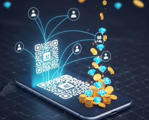 A sleek mobile phone screen displaying a glowing QR code for an online casino referral program, with network lines connecting to friend icons and leading to a shower of gold coins and diamonds.