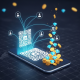 A sleek mobile phone screen displaying a glowing QR code for an online casino referral program, with network lines connecting to friend icons and leading to a shower of gold coins and diamonds.