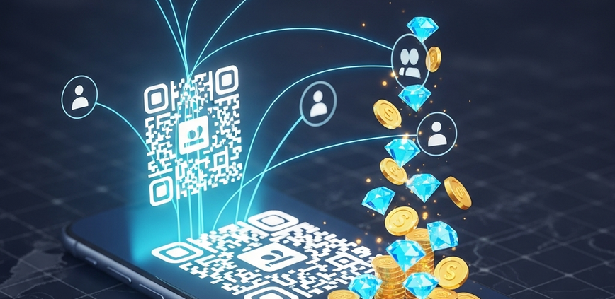 A sleek mobile phone screen displaying a glowing QR code for an online casino referral program, with network lines connecting to friend icons and leading to a shower of gold coins and diamonds.