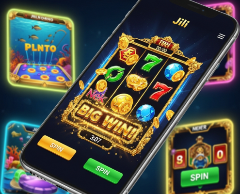 Dynamic online casino interface on a smartphone, showcasing Jili slots, fishing, arcade, and table games with high RTP and certified fairness.