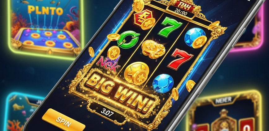 Dynamic online casino interface on a smartphone, showcasing Jili slots, fishing, arcade, and table games with high RTP and certified fairness.