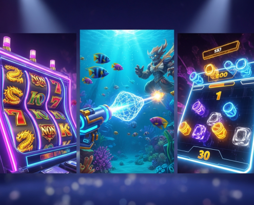 A dynamic montage showcasing Jili's three main game types: a vibrant slot machine, an action-packed fishing game, and a colorful arcade game, representing the variety available at an online casino.