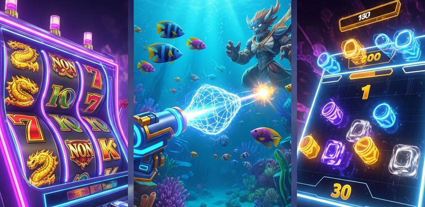 A dynamic montage showcasing Jili's three main game types: a vibrant slot machine, an action-packed fishing game, and a colorful arcade game, representing the variety available at an online casino.