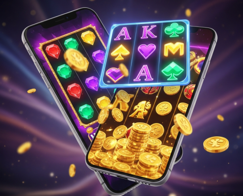 A modern smartphone displaying three different exciting online slot game themes: one with vibrant gems, another with royal playing cards, and a third with cascading gold coins, representing a beginner's guide to Jili slots.