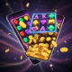 A modern smartphone displaying three different exciting online slot game themes: one with vibrant gems, another with royal playing cards, and a third with cascading gold coins, representing a beginner's guide to Jili slots.