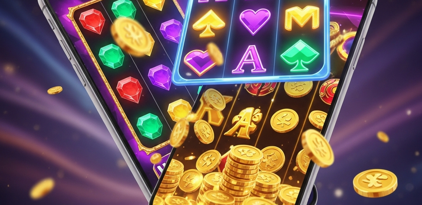 A modern smartphone displaying three different exciting online slot game themes: one with vibrant gems, another with royal playing cards, and a third with cascading gold coins, representing a beginner's guide to Jili slots.
