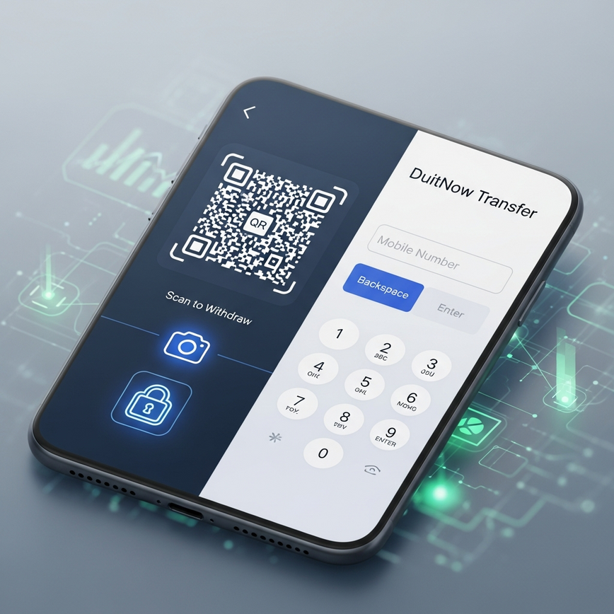 Illustrates the core difference between DuitNow QR and DuitNow Transfer methods for withdrawals, highlighting their distinct user interfaces and steps.