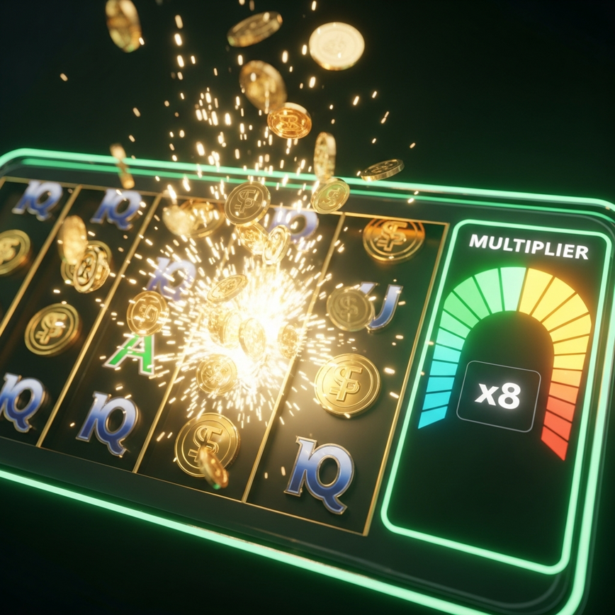 To visually explain the high-volatility cascading reels and multiplier mechanic discussed in the 'Money Coming Slot Tutorial' section.