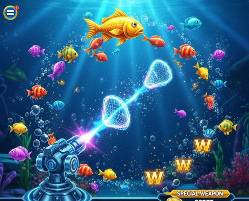 A dynamic and colorful interface of a V-Power online fishing game, showing an underwater scene with various fish, a weapon turret, and high-quality graphics representing the 97% RTP gameplay.