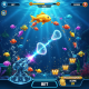 A dynamic and colorful interface of a V-Power online fishing game, showing an underwater scene with various fish, a weapon turret, and high-quality graphics representing the 97% RTP gameplay.