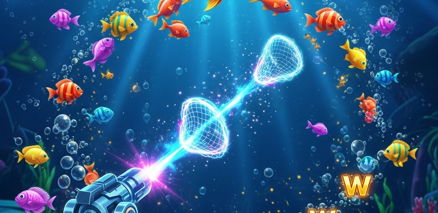 A dynamic and colorful interface of a V-Power online fishing game, showing an underwater scene with various fish, a weapon turret, and high-quality graphics representing the 97% RTP gameplay.
