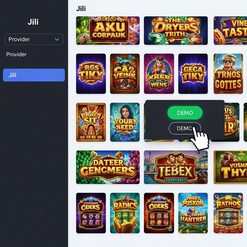 To visually illustrate the simple, browser-based steps for finding and launching a Jili demo game from an online casino lobby.
