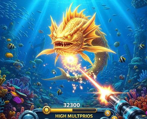 An exciting multiplayer online fishing game interface showing a player's cannon targeting a giant golden sea dragon boss for a massive payout in a vibrant underwater world.