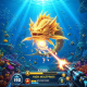 An exciting multiplayer online fishing game interface showing a player's cannon targeting a giant golden sea dragon boss for a massive payout in a vibrant underwater world.