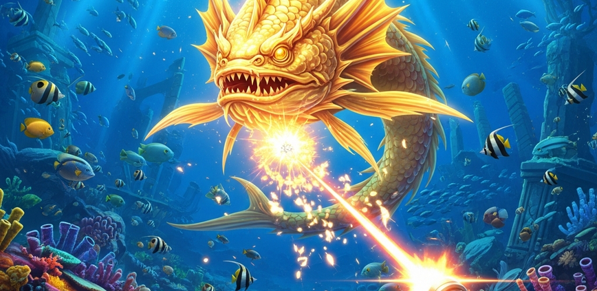 An exciting multiplayer online fishing game interface showing a player's cannon targeting a giant golden sea dragon boss for a massive payout in a vibrant underwater world.