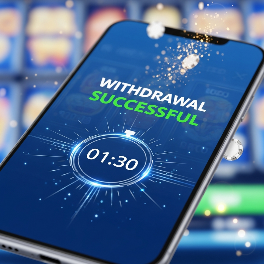 Visualizes the concept of fast and efficient DuitNow withdrawals from an online casino, emphasizing speed and successful transactions.