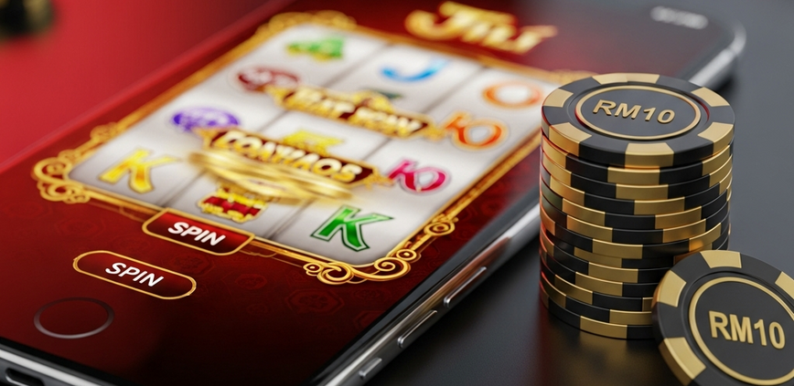 A smartphone displaying a Jili-style slot game next to a small stack of casino chips, illustrating strategic bankroll management for a RM10 budget.