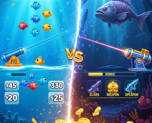 A dynamic split-screen comparison of two online fishing game styles. The left side shows a classic arcade game, while the right side displays a modern, feature-rich game with a boss battle.