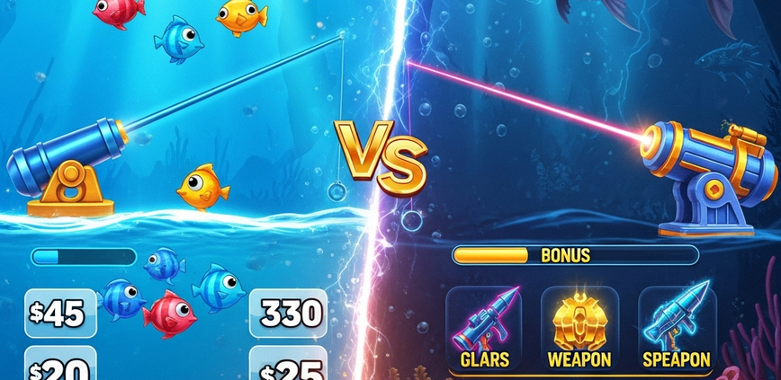 A dynamic split-screen comparison of two online fishing game styles. The left side shows a classic arcade game, while the right side displays a modern, feature-rich game with a boss battle.