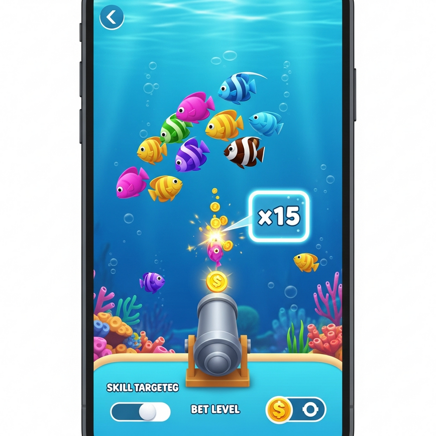 To visually represent the straightforward, classic arcade mechanics of V-Power fishing games, focusing on skill-based targeting and clear rewards.