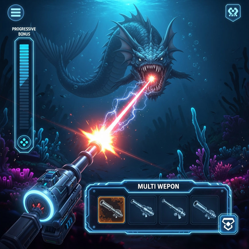 To illustrate the complex, feature-rich, and innovative gameplay of Jili fishing games, highlighting special weapons, boss battles, and advanced UI elements.
