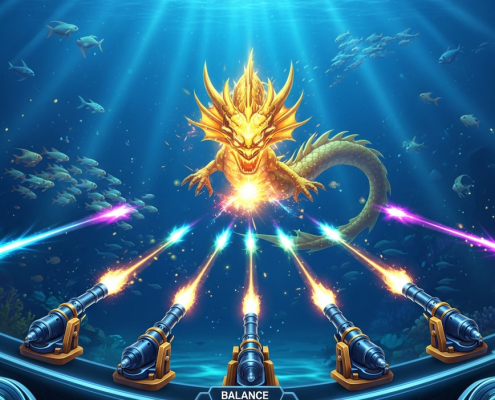 A dynamic screen from an online fishing game showing multiple cannons firing at a giant golden sea dragon boss amidst colorful fish in a deep blue ocean.