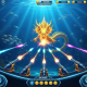 A dynamic screen from an online fishing game showing multiple cannons firing at a giant golden sea dragon boss amidst colorful fish in a deep blue ocean.