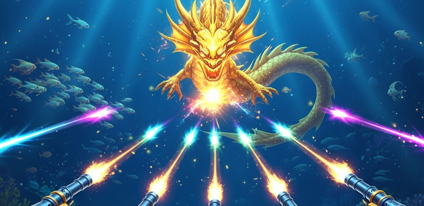 A dynamic screen from an online fishing game showing multiple cannons firing at a giant golden sea dragon boss amidst colorful fish in a deep blue ocean.