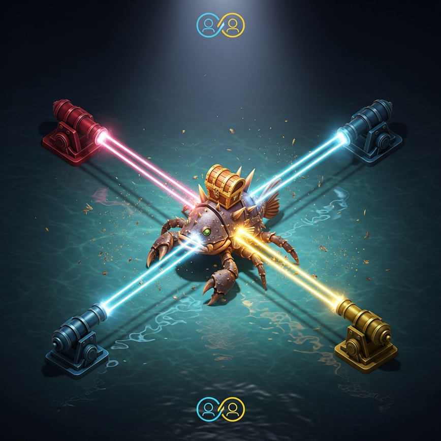 To illustrate the 'Team Play' feature, showing multiple players cooperating to take down a high-value target.