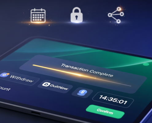 Digital interface showing a successful DuitNow withdrawal transaction with subtle background elements hinting at common delay causes like bank verification and weekend processing.