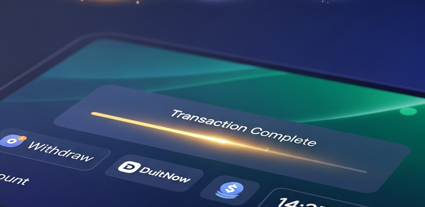 Digital interface showing a successful DuitNow withdrawal transaction with subtle background elements hinting at common delay causes like bank verification and weekend processing.