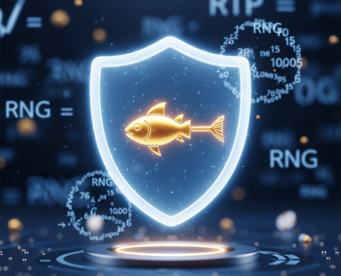 A 3D digital shield symbolizing game fairness and certification, with a golden fish icon inside, representing V-Power's certified online games.