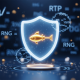 A 3D digital shield symbolizing game fairness and certification, with a golden fish icon inside, representing V-Power's certified online games.