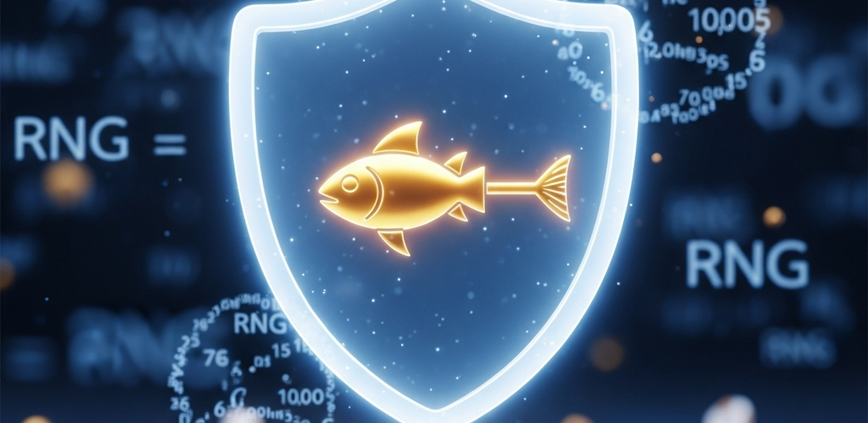 A 3D digital shield symbolizing game fairness and certification, with a golden fish icon inside, representing V-Power's certified online games.